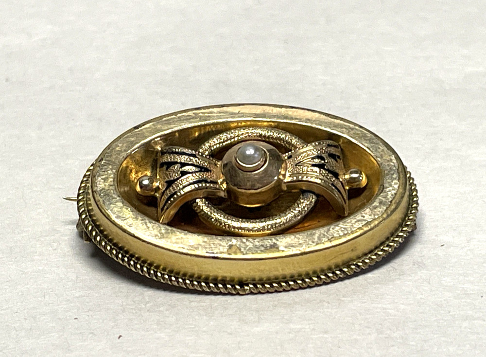 Antique Victorian Gold Filled Brooch Etched Filigree Pearl Center